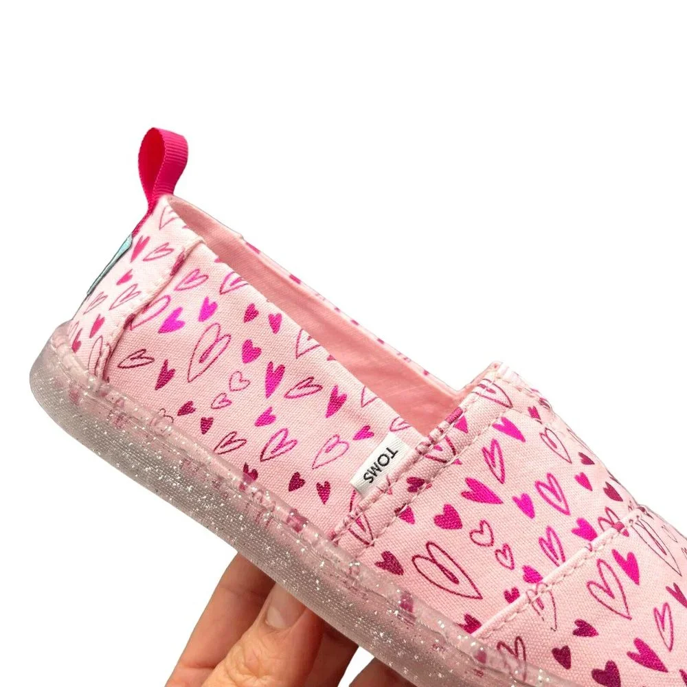Toms Little Girls Alpargata‎ Shoes Size 13 Pink Heart Print Slip on Lightweight